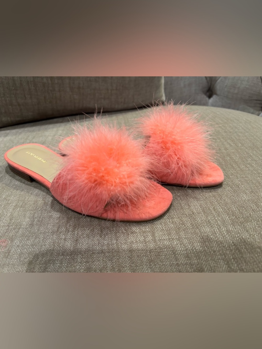 Never Worn- Ann Taylor Coral Pink Feather Slide Sandals